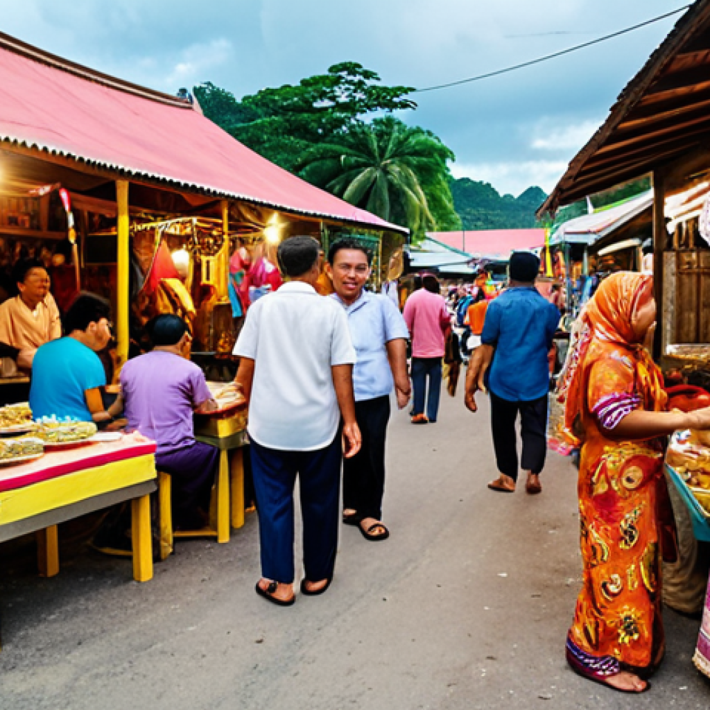 **Image:** A bustling community event in a *kampung*, with families enjoying food stalls and activities. Focus on the vibrant colors of traditional Malay clothing and decorations. Capture the sense of community spirit and local entrepreneurship.
    *   **Prompt:** "Bustling kampung event, food stalls, families, vibrant traditional Malay clothing, decorations, community spirit, local entrepreneurship, warm lighting, candid photography, focus on faces."