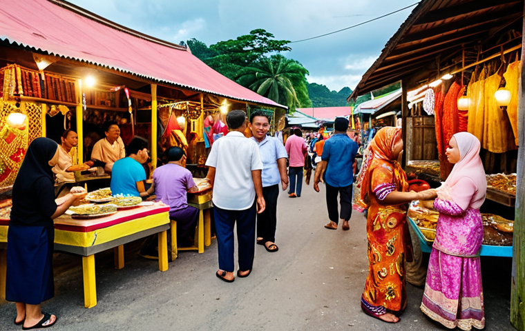 **Image:** A bustling community event in a *kampung*, with families enjoying food stalls and activities. Focus on the vibrant colors of traditional Malay clothing and decorations. Capture the sense of community spirit and local entrepreneurship.
    *   **Prompt:** "Bustling kampung event, food stalls, families, vibrant traditional Malay clothing, decorations, community spirit, local entrepreneurship, warm lighting, candid photography, focus on faces."